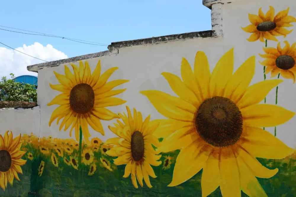 梅花,牡丹,向日葵,桃花,油菜花……各色花卉以生动的笔触绘在墙上