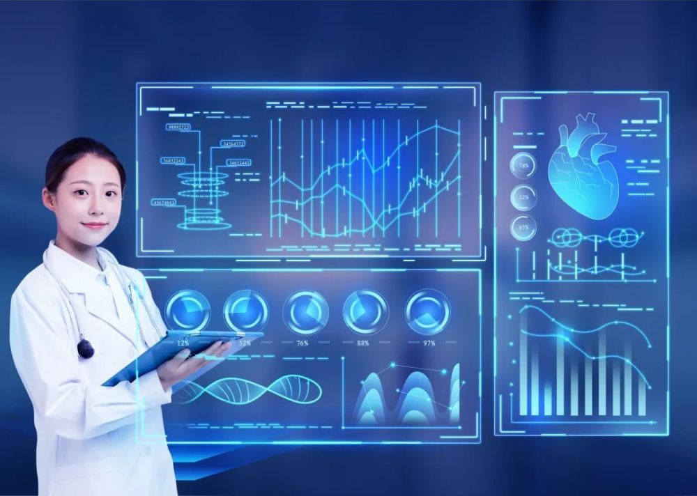图片展示一位女性医生手持平板电脑，站在充满高科技感的虚拟图表和医疗信息前，背景为深色调。