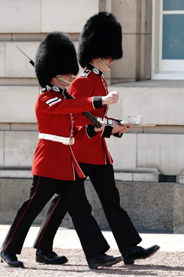 近日在伦敦,有人拍到,38度高温下,戴着熊皮帽子的英国皇家卫队卫兵,身