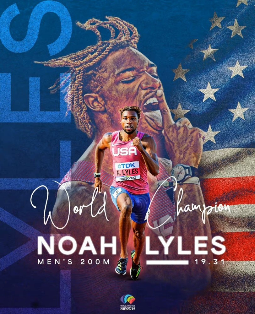 田径世锦赛男子200米:美国名将莱尔斯19秒31卫冕 跻身历史第三人