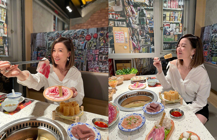 佘诗曼也太爱美吃火锅穿露肩衬衫衣着清凉身材不怕被汤汁溅到