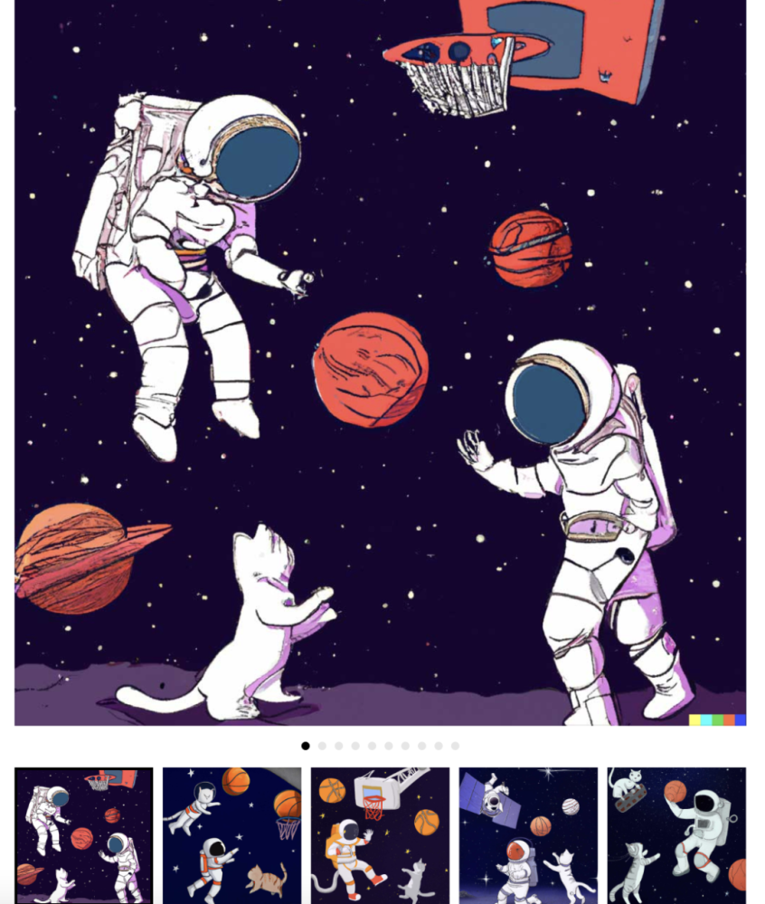 输入"与猫在太空打篮球",dall·e 2 就可以生成以下这些图片.