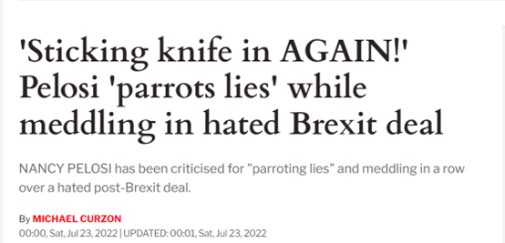 英媒：佩洛西掺和英欧争端遭猛烈抨击，“她再次把刀插进英国”