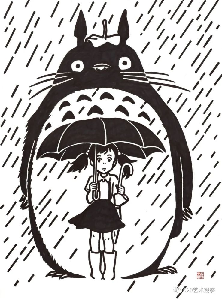 致敬宫崎骏之雨中龙猫纸本马克笔54cm×39cm2020▏图文编辑:周旭阳▏