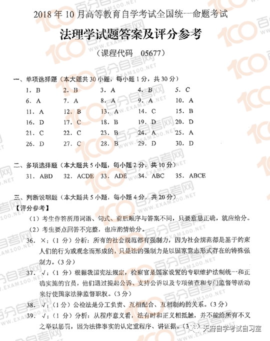 天府自学考试 18年10月法理学自考试题及答案 腾讯新闻