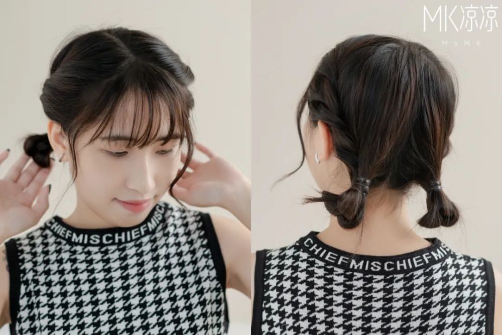 的效果还特别有纹理感,清爽可爱一起拿捏~04免编版短发低丸子适合长度