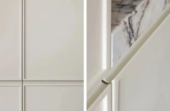 除了上面的一门到顶以外,这种铣槽把手也适用于上下分体式的门板造型.