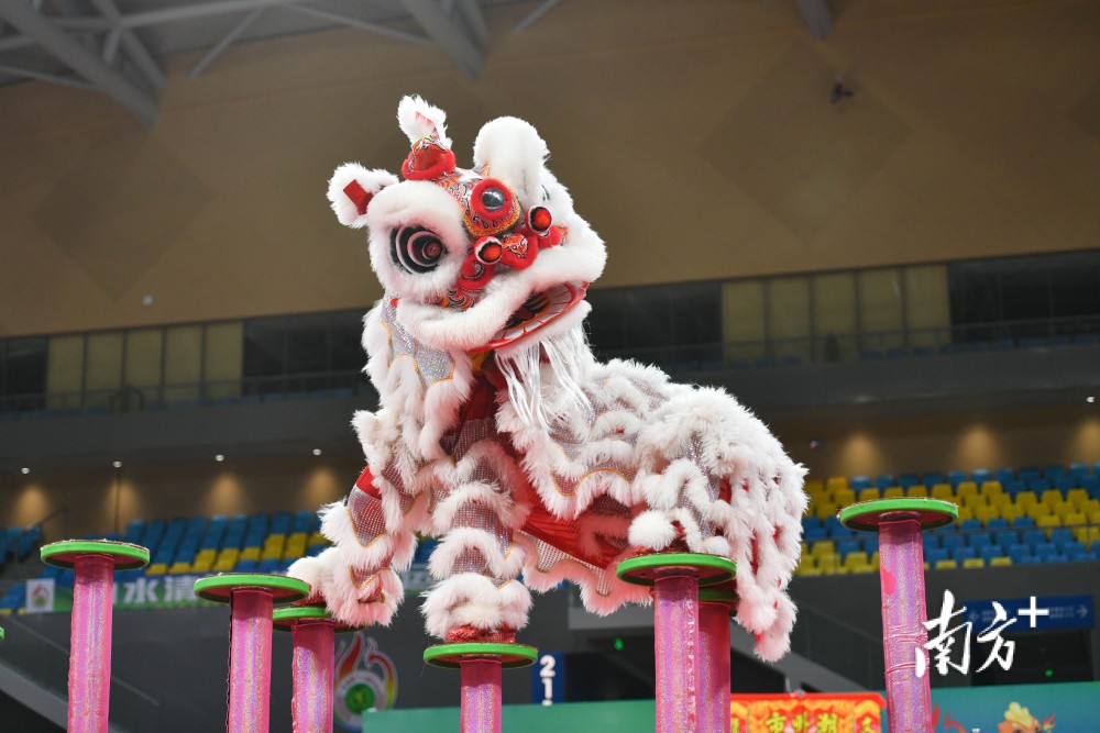 来自湛江的醒狮在高桩之间凌空起舞.