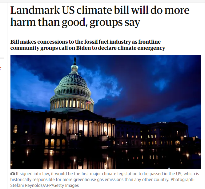 美国气候法案对化石燃料行业让步遭到美国民间团体反对