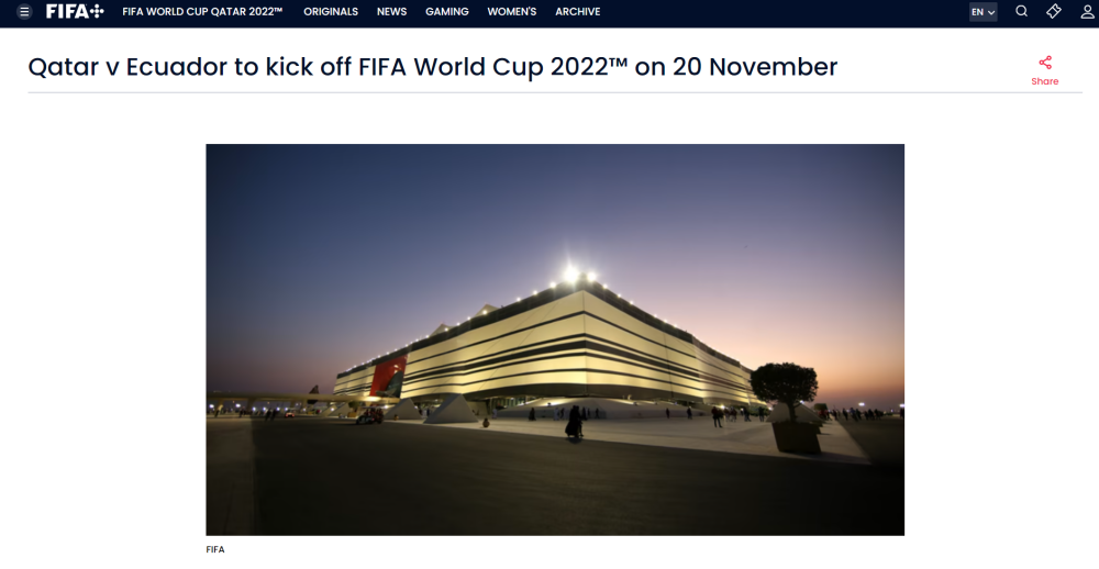 卡塔尔世界杯将于11月20日开赛，比原计划提前一天