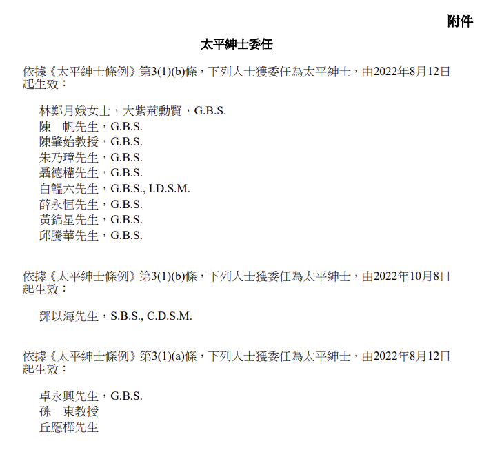 香港特区政府：委任林郑月娥等13人为太平绅士