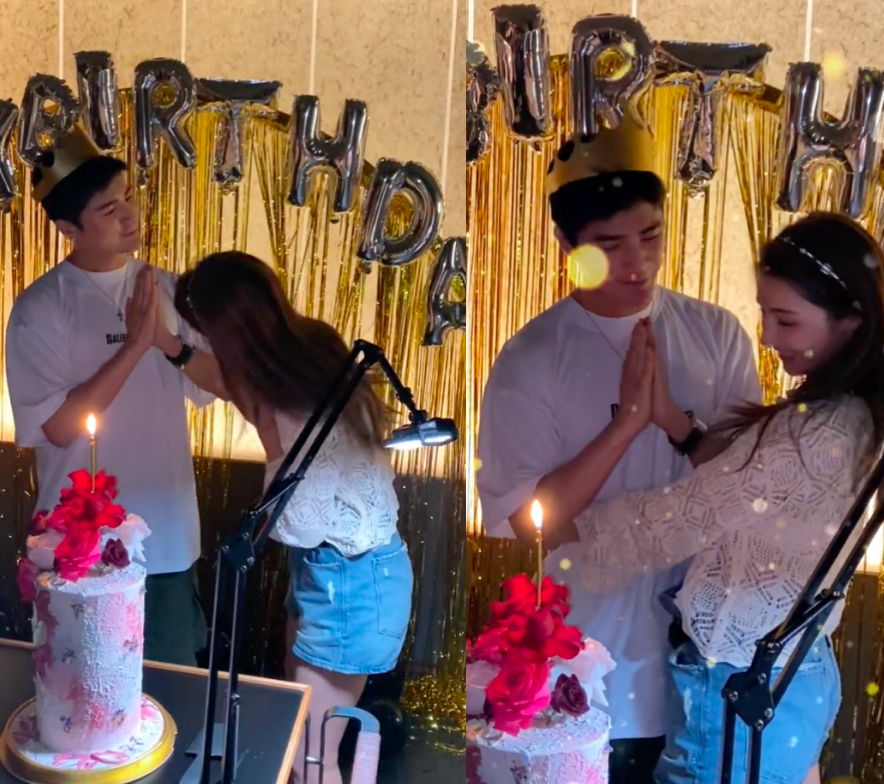 当日是姜潮31岁的生日,麦迪娜和姜潮两个人站在"生日快乐"的背景墙