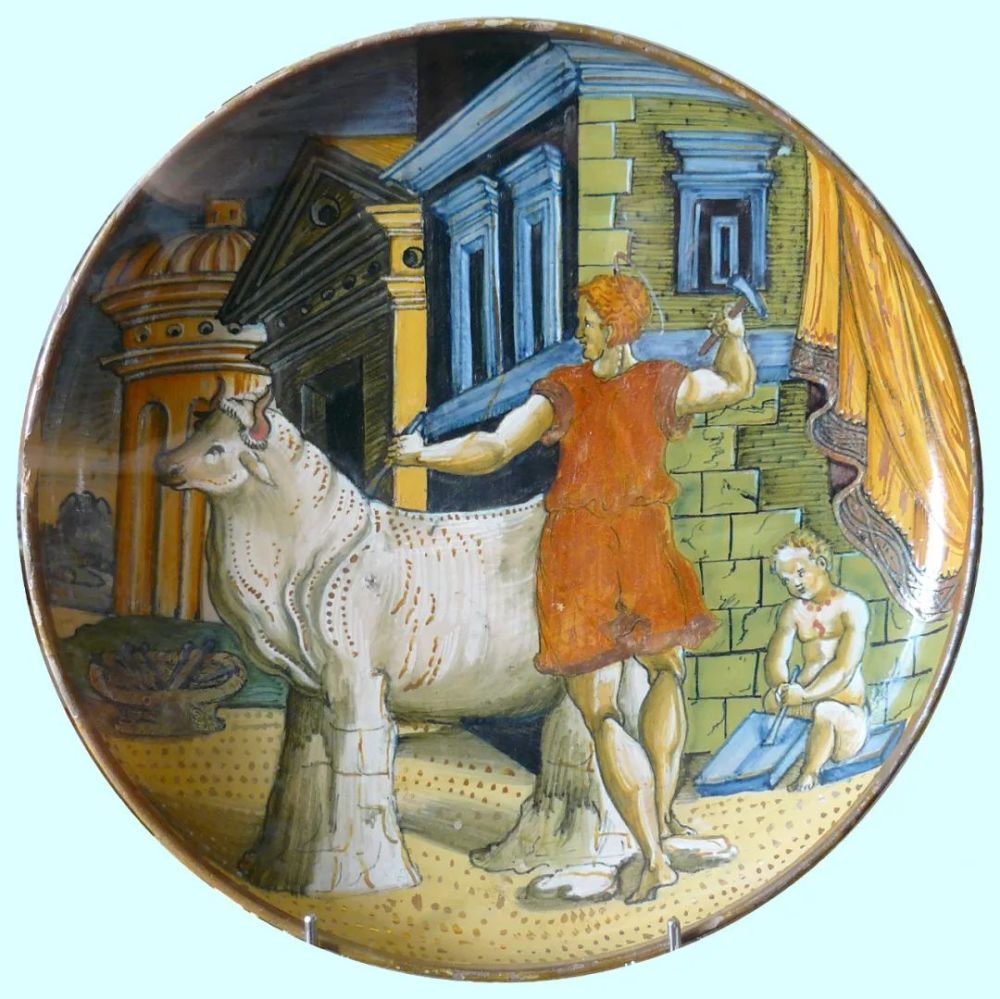 陶盘画《代达罗斯为王后帕西菲制作木牛》(1533)现藏于法国塞夫勒