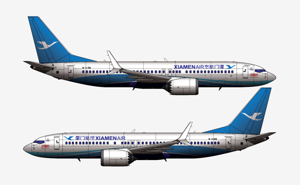 本廠長繪製的廈門航空公司塗裝的波音737max8客機二視圖廈門航空公司