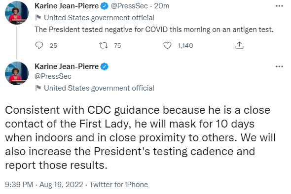 美国第一夫人感染新冠，白宫：拜登检测结果呈阴性，将增加检测频率