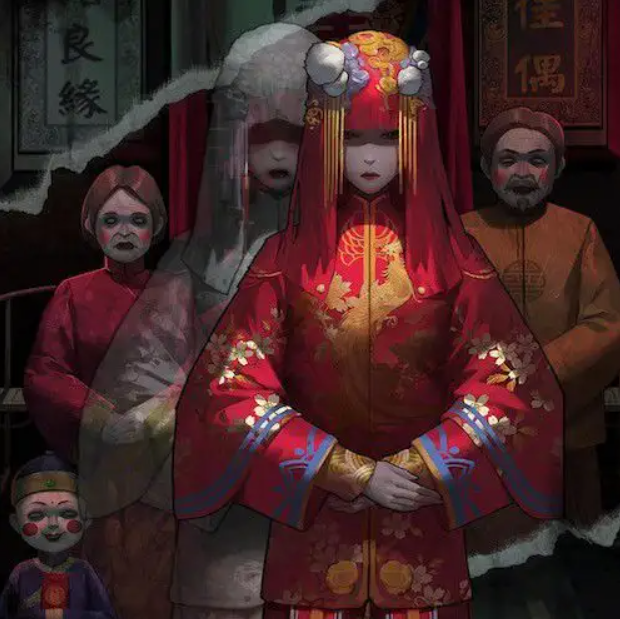 凤冠霞披,灵堂,坟地,牌位,棺材,冥币,五行八卦,遗像,冥婚……中式恐怖