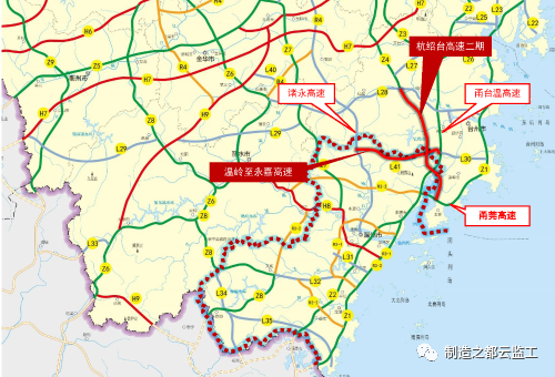 向西经温岭太湖水库,在乐清市大荆镇与规划杭绍台高速公路二期设枢纽