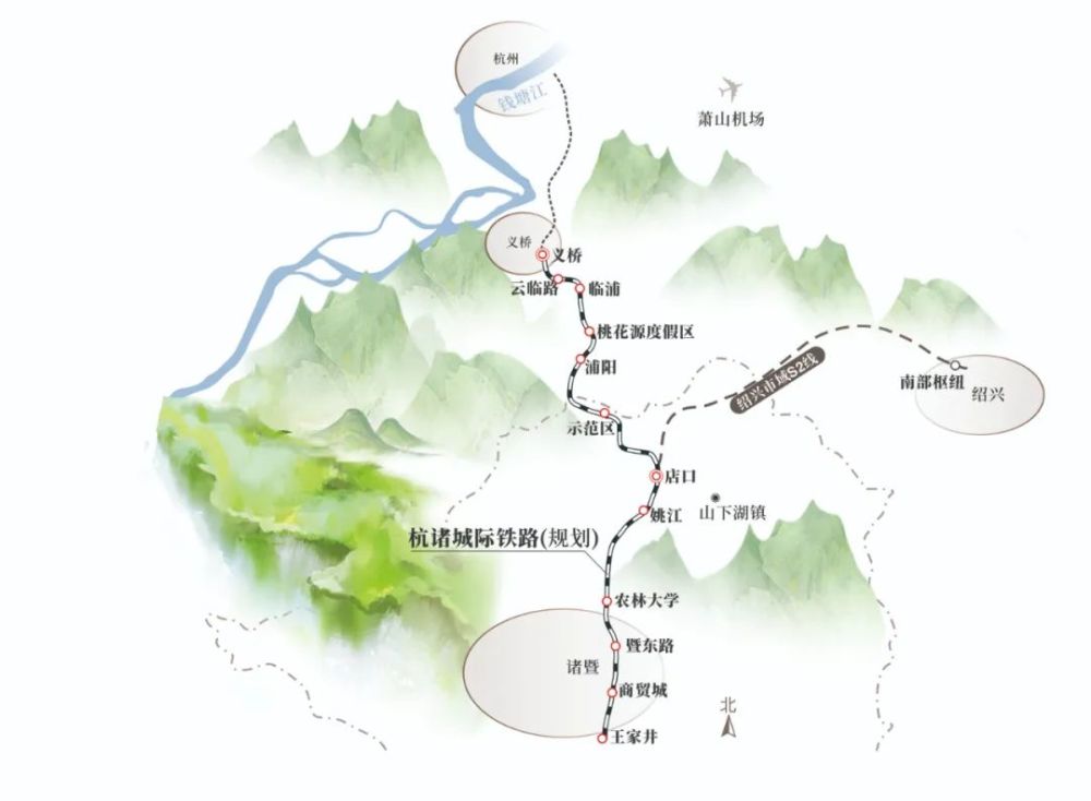 而最新的线路图表明:杭诸城际铁路北起萧山义桥,南至诸暨王家井