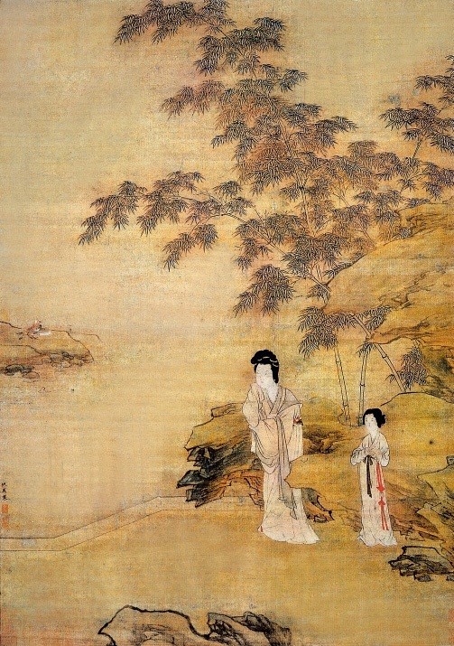 英的传世真品,画作之中绘画了几个老人在青山幽谷之间抚琴论事的场景