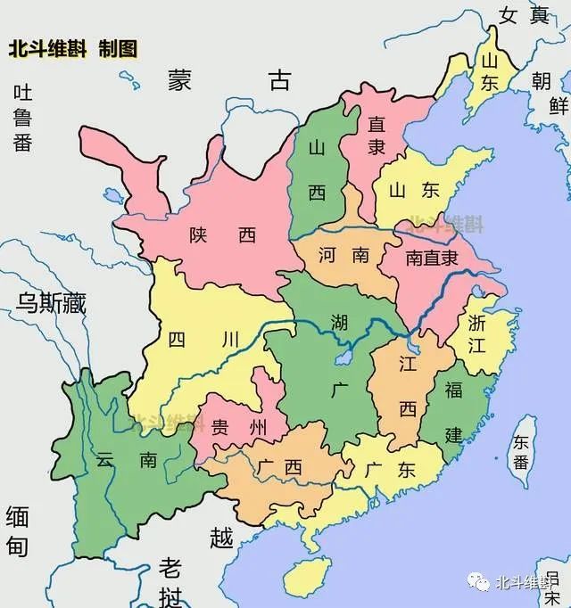 明朝兩京十三省經過明清的調整,中國各省的範圍已經基本和地理區域