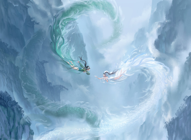 长长的同色蛇身,这很显然是民间传说故事《白蛇传》里的白蛇和青蛇