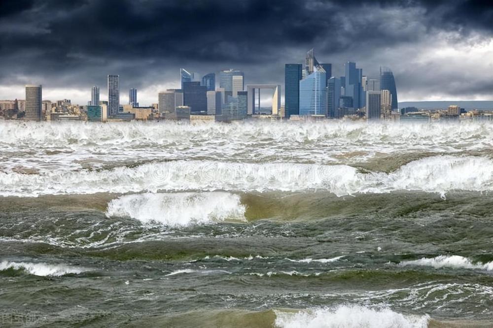 海嘯災難瞬間被吞沒沿海城市並在海邊形成了一個巨大的水牆當時的海浪