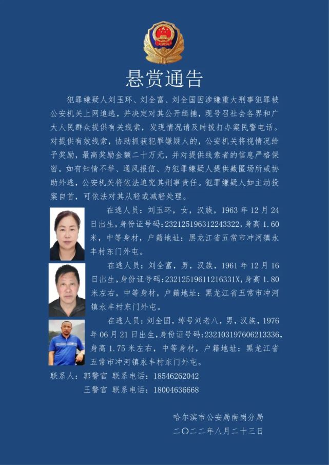 23日,哈尔滨市南岗警方悬赏20万元征集刘玉环,刘全富,刘全国案件线索.