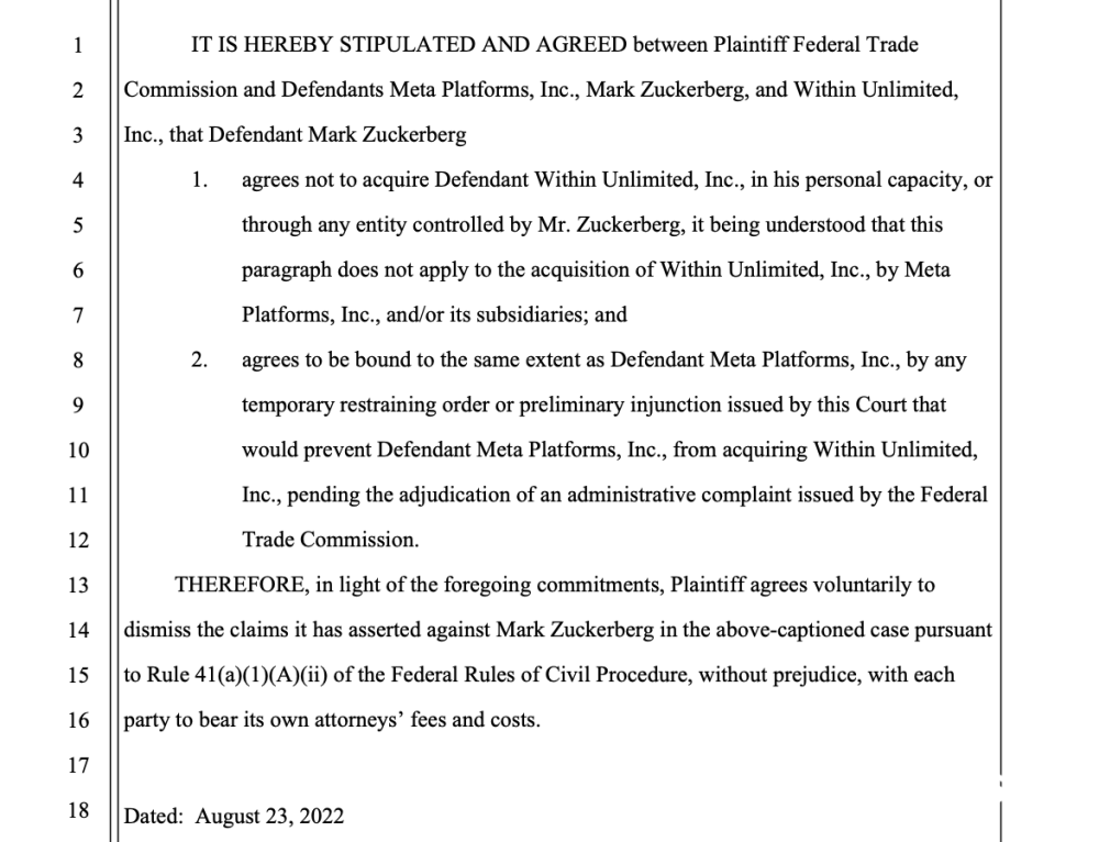 承诺不个人收购Within，扎克伯格被美FTC移出被告席