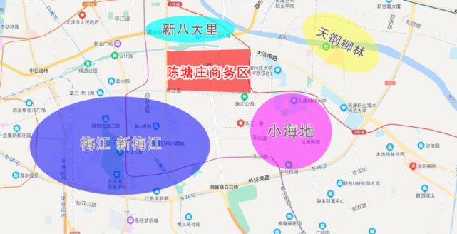 南邻新梅江居住区,西接瑞江与老梅江居住区,东北侧又与着天津城市副