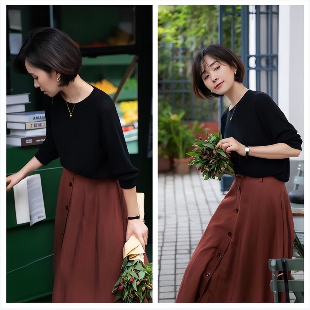 过了40岁的女人这样穿:天丝蝙蝠衫搭配半裙,美得细腻温婉且高级_腾讯