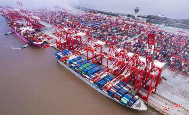 2022年9月3日,上海洋山深水港自动化码头,多艘集装箱船进行紧张装卸