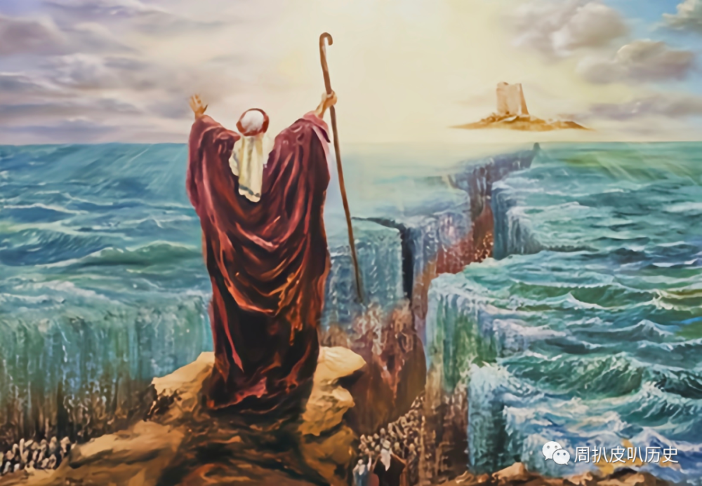 在红海的边上,追兵追上了以色列人,摩西借助上帝的力量,施展神力劈开