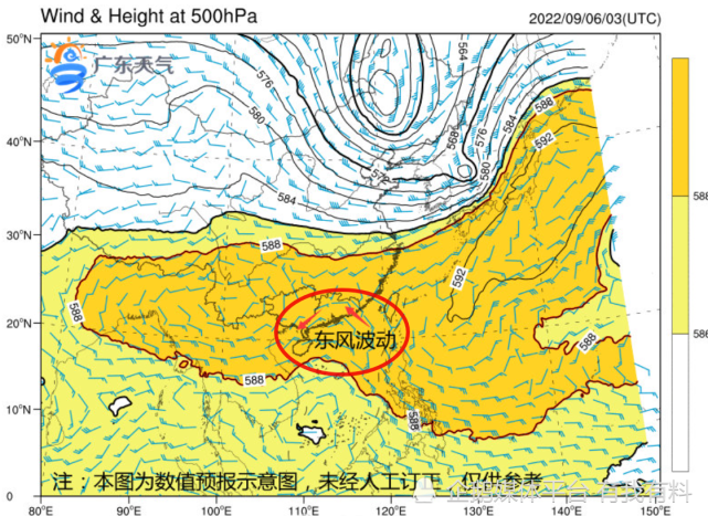 而在东风波的活动下,低空的季风携带水汽也将集聚到其周围,从而发展出