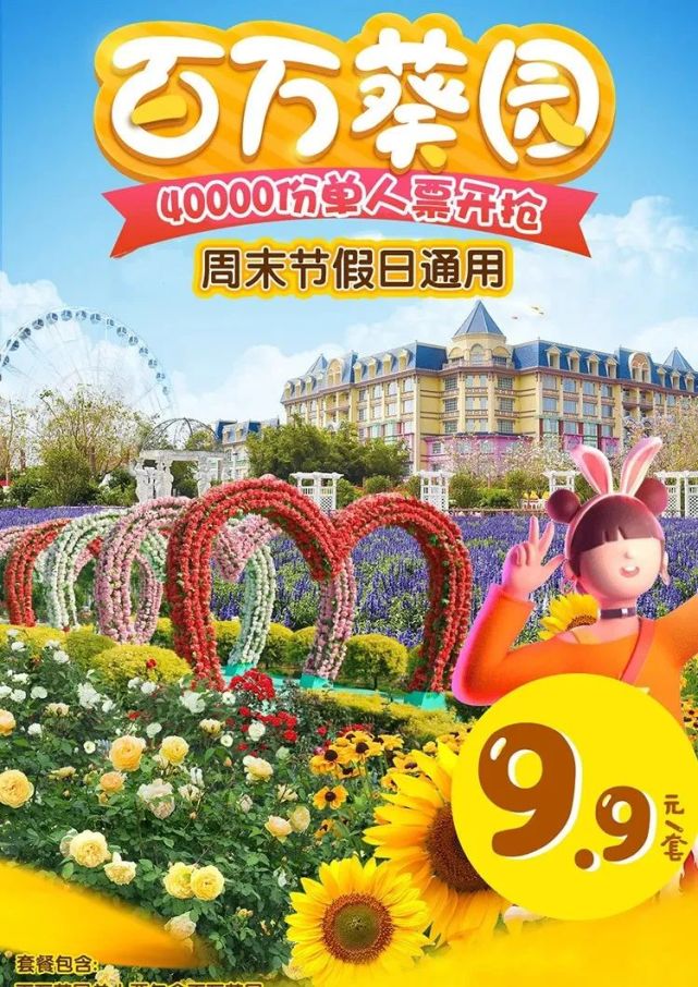 9元抢单人全天通票百万葵园开园时间:全年9:00-17:30使用时间:即日起