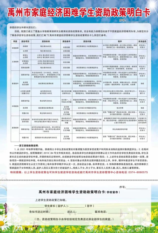 禹州市2022年秋季学期  家庭经济困难学生资助政策