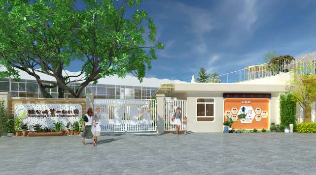 可以利用简单的线条,不同的材料创造出高端,简洁,大气的幼儿园大门