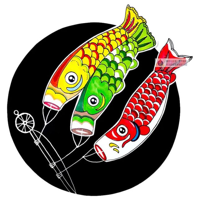 儿童画教程|综合创意画-飘扬的鲤鱼旗!