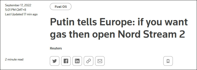 普京喊话欧洲：想要天然气，那就放行“北溪-2”
