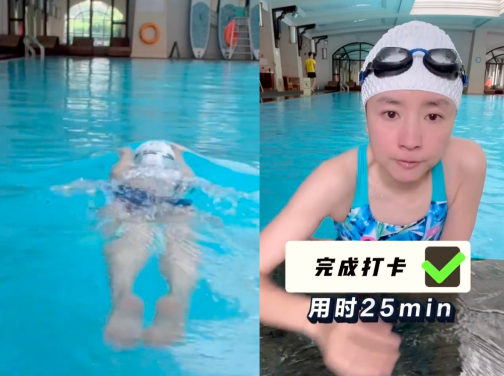 还变换了不同的姿势,无论是姿势,速度,都可以看出董洁的游泳功底不错