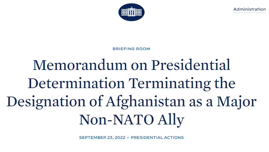 白宫发声明：拜登正式撤销阿富汗作为美国“非北约主要盟国”地位