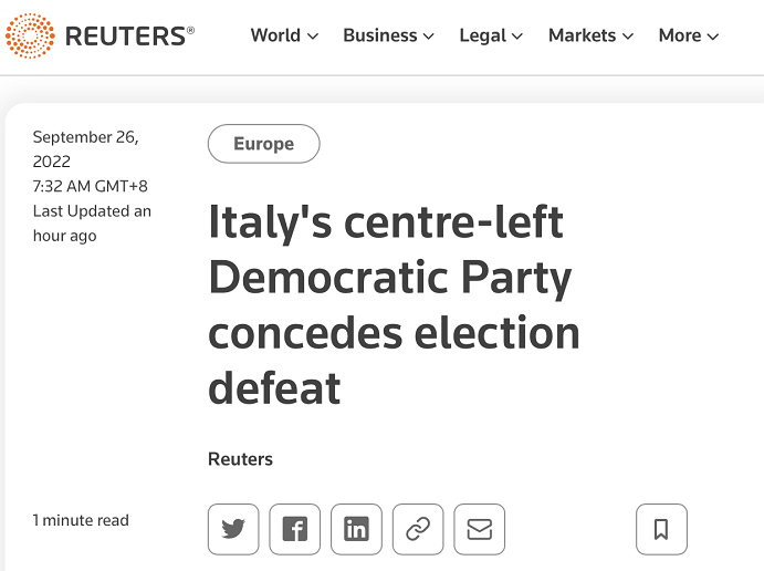 外媒：意大利中左翼政党民主党承认在大选中落败，将成为最大反对党