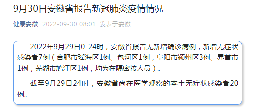 9月30日安徽省报告新冠肺炎疫情情况