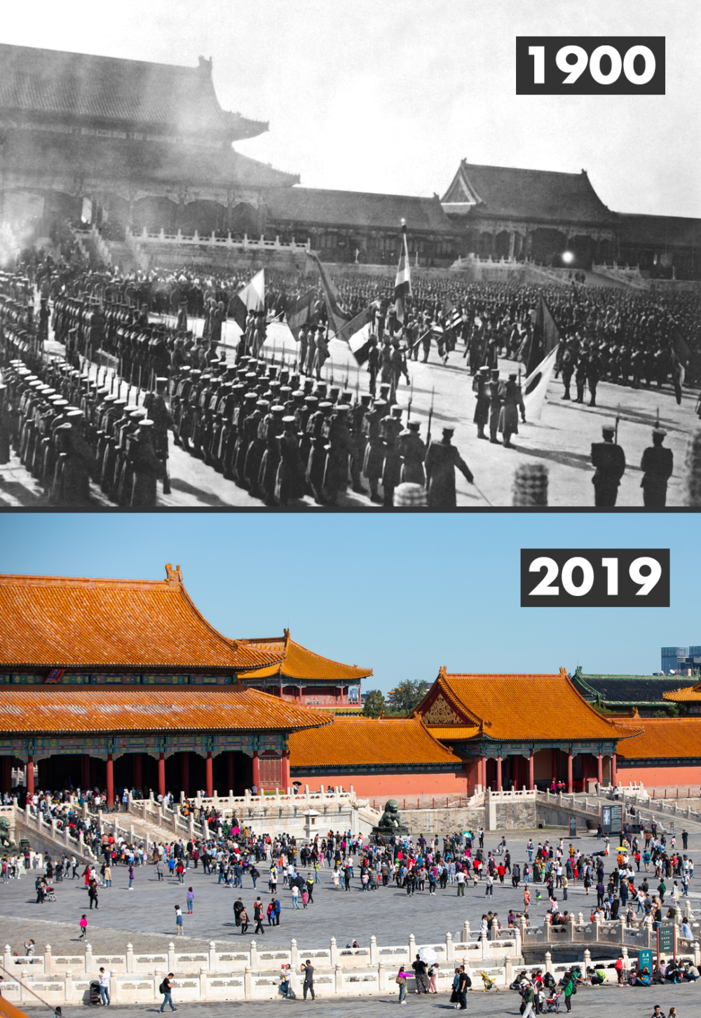 1900年的天安门,斑驳破败;2022年的天安门广场,巨大花篮向新中国73
