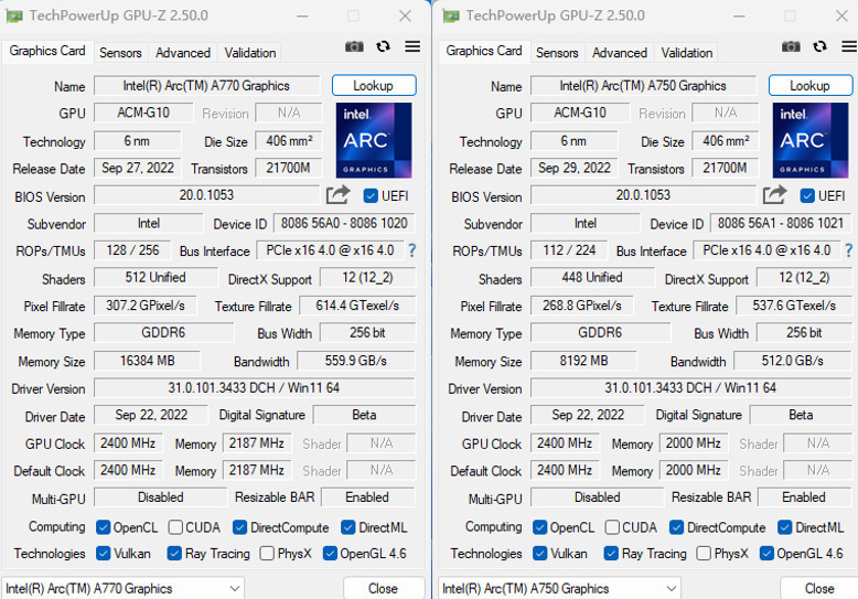 在最新2.5.0版gpu-z中,所识别的锐炫a770/a750规格参数.