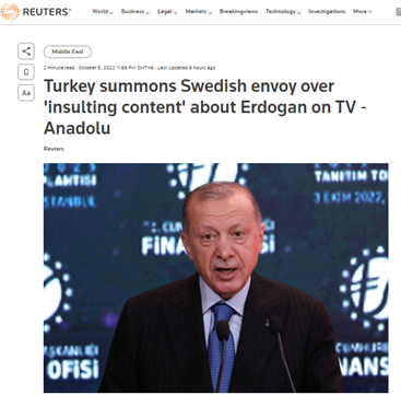 外媒：因在电视节目“侮辱”埃尔多安，瑞典大使被土耳其外交部召见