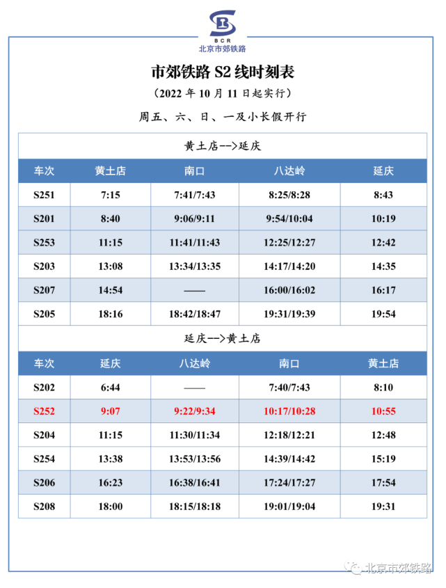 10月11日起,北京市郊铁路s2线s252次列车运行时刻微调