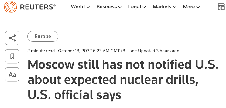 外媒：美称预计俄罗斯将很快举行核演习，但尚未接到俄方通知