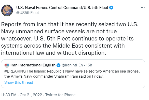 伊朗海军宣布俘获两艘美国无人舰艇，美方回应：消息不实