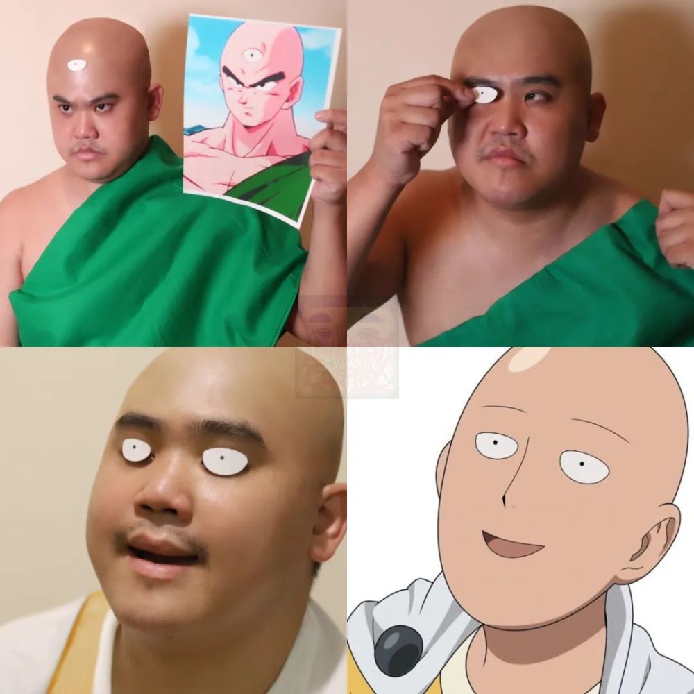 是"二合一",把道具眼贴在额头上就是天津饭,贴在眼睛上就是埼玉老师