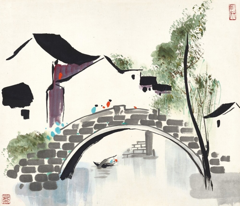 吴冠中的江南水乡画,白墙黑瓦空灵清丽,看这种画是种享受_腾讯新闻